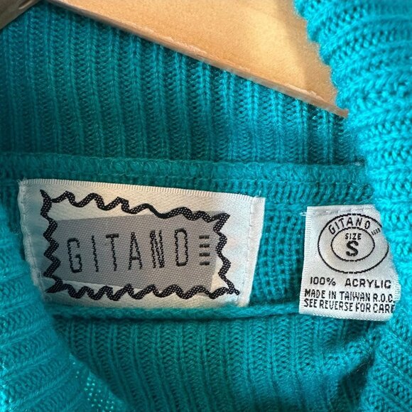 Vintage 80's Gitano Turquoise Embroidered Turtleneck Sweater Southwestern Small - Picture 6 of 6